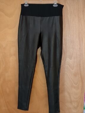 Assets By Spanx Black Faux Leather Leggings with Black Waistband